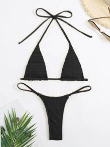 Swim SXY Summer Beach Halter Micro Triangle Thong Bikini Set - Black - View 6