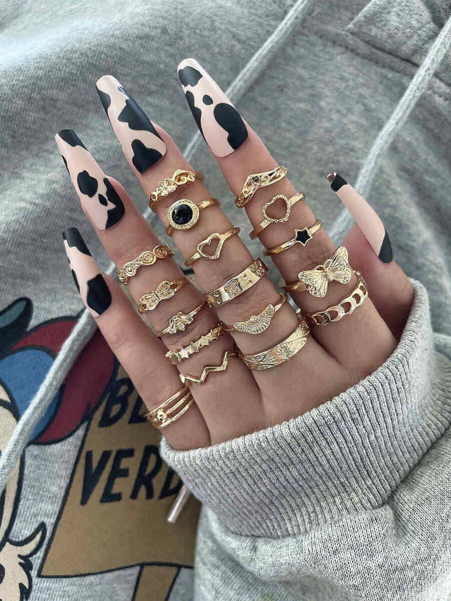 17pcs/set Star & Butterfly Decor Ring - Yellow Gold - View 1