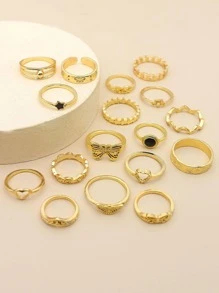 17pcs/set Star & Butterfly Decor Ring - Yellow Gold - View 2