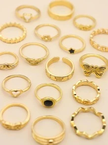 17pcs/set Star & Butterfly Decor Ring - Yellow Gold - View 4