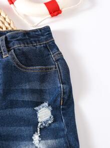 Boys Ripped Raw Hem Denim Shorts - Dark Wash - View 5