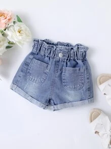 女婴休闲波西米亚风日常剪裁平角卷边牛仔短裤，正面纽扣设计，最佳日常时尚单品 - 淺色水洗藍 - 查看 1