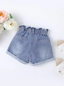 女婴休闲波西米亚风日常剪裁平角卷边牛仔短裤，正面纽扣设计，最佳日常时尚单品 - 淺色水洗藍 - 查看 2