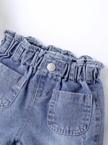 女婴休闲波西米亚风日常剪裁平角卷边牛仔短裤，正面纽扣设计，最佳日常时尚单品 - 淺色水洗藍 - 查看 3