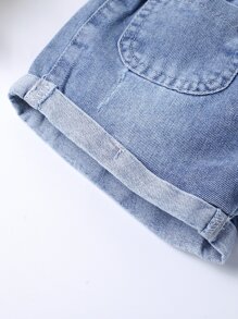 女婴休闲波西米亚风日常剪裁平角卷边牛仔短裤，正面纽扣设计，最佳日常时尚单品 - 淺色水洗藍 - 查看 4