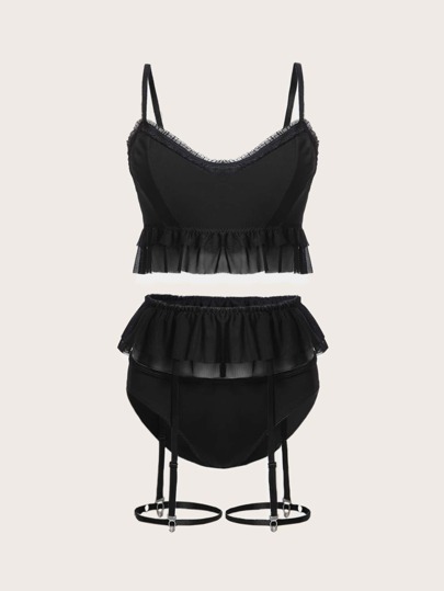 طقم ملابس داخلية شبكة متباينة حافة مكشكشة رباط ساق 3 قطع