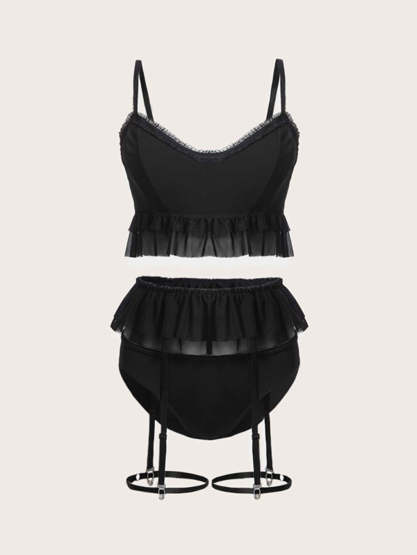 3pack Contrast Mesh Ruffle Hem Garter Lingerie Set