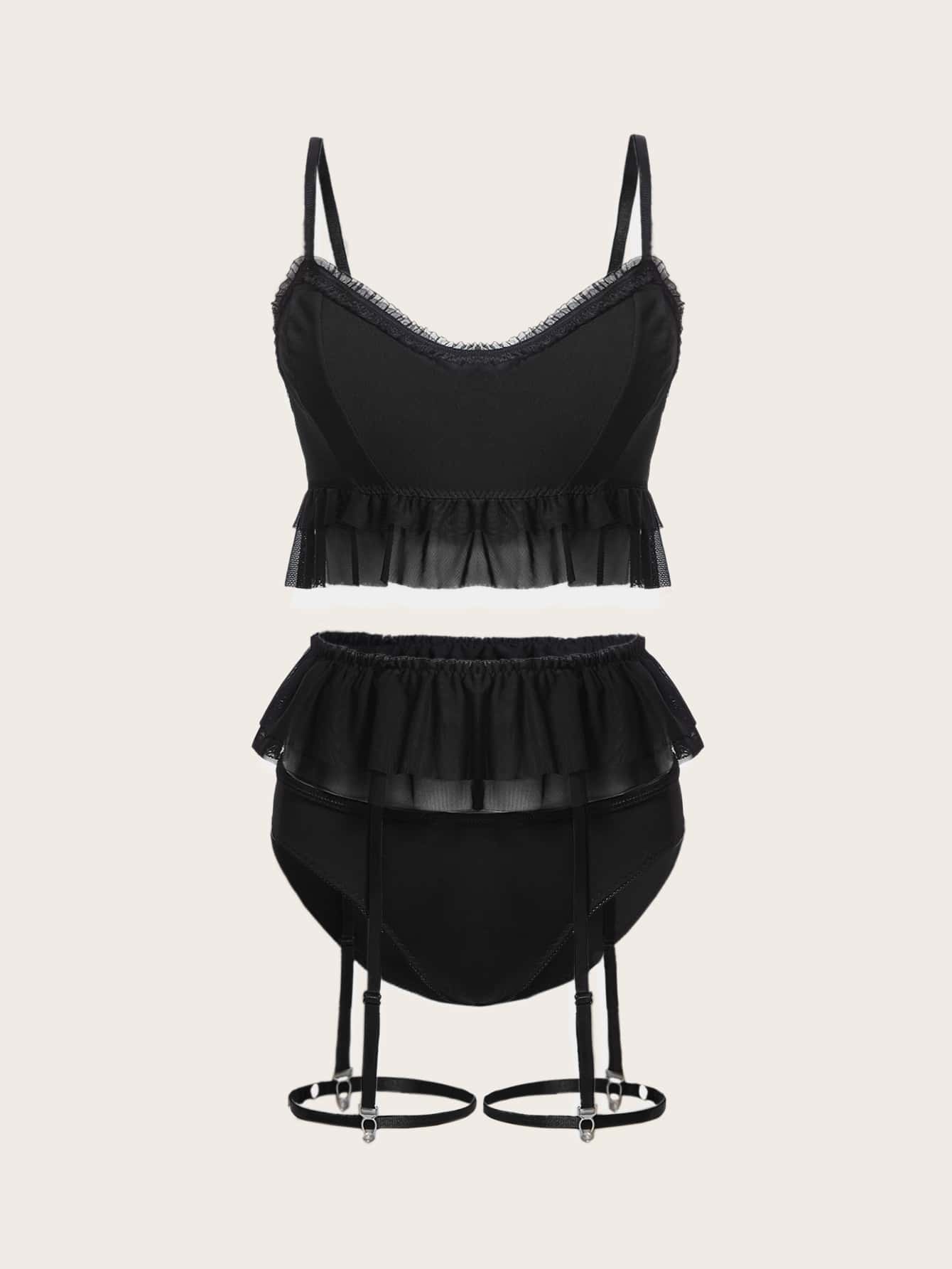 3pack Contrast Mesh Ruffle Hem Garter Lingerie Set