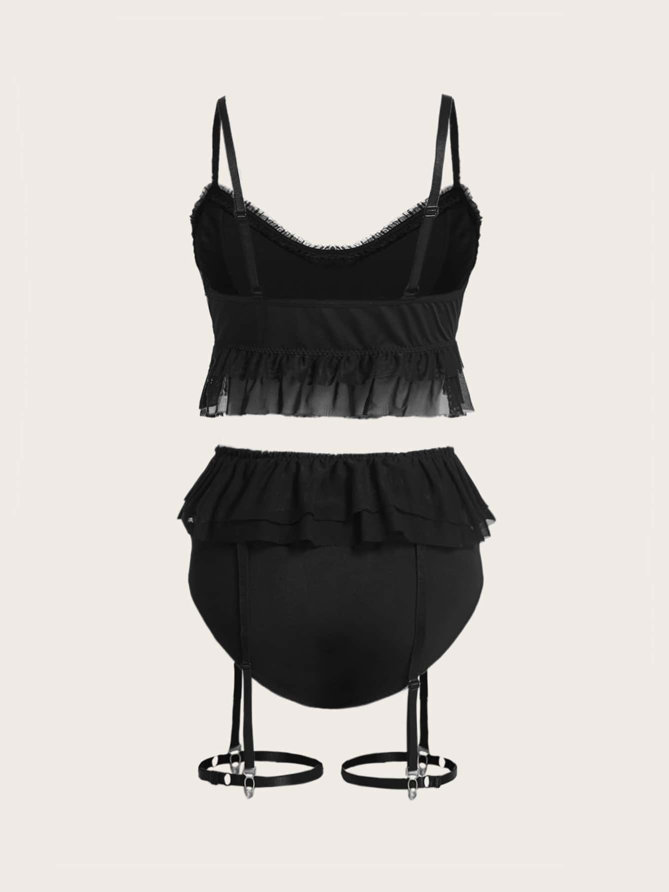 3pack Contrast Mesh Ruffle Hem Garter Lingerie Set