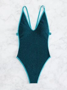 金屬亮絲撞色滾邊連體泳衣 - 水鴨藍 - 查看 7