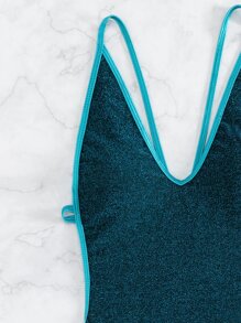 金屬亮絲撞色滾邊連體泳衣 - 水鴨藍 - 查看 5