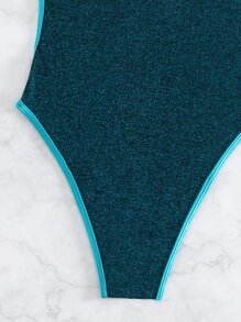 金屬亮絲撞色滾邊連體泳衣 - 水鴨藍 - 查看 6