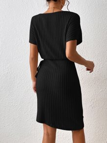 SHEIN Frenchy Đầm Thắt nút Gân đan Trọn gói màu trơn Giải trí - màu đen - Xem 2