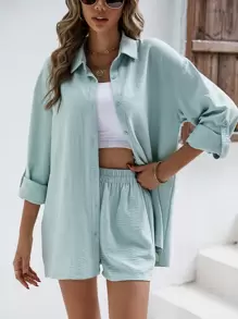 SHEIN Frenchy 纯色落肩亚麻衬衫和短裤 亚麻面料套装 返校服装 秋季女装 复古风格教师服装 商务女装 教师衬衫