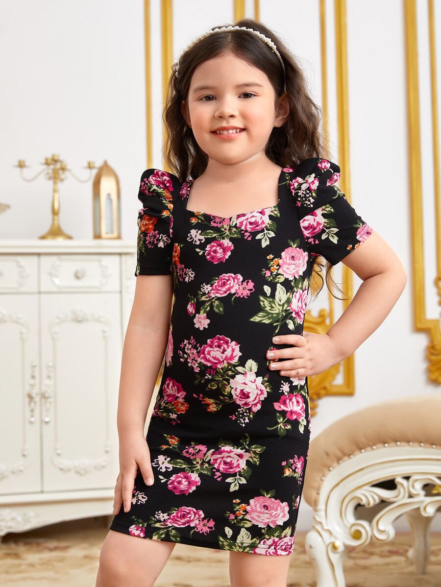 SHEIN 小女童印花泡泡袖洋裝