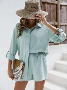 SHEIN Frenchy 纯色落肩亚麻衬衫和短裤 亚麻面料套装 返校服装 秋季女装 复古风格教师服装 商务女装 教师衬衫