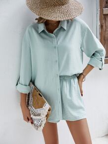 SHEIN Frenchy 纯色落肩亚麻衬衫和短裤 亚麻面料套装 返校服装 秋季女装 复古风格教师服装 商务女装 教师衬衫