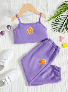 SHEIN Toddler Girls Floral Print Cami Top & Sweatpants - Lilac Purple - View 1