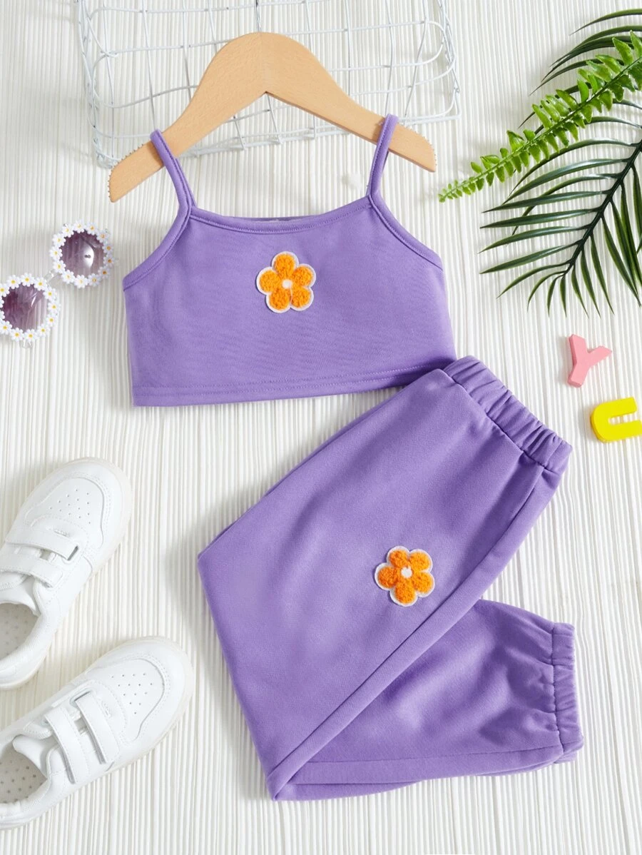 SHEIN Toddler Girls Floral Print Cami Top & Sweatpants - Lilac Purple - View 1