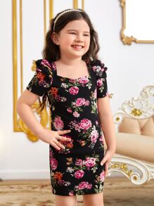 SHEIN 小女童印花泡泡袖洋裝