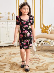 SHEIN 小女童印花泡泡袖洋裝