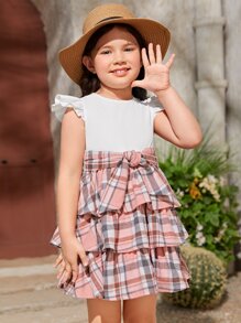 SHEIN Toddler Girls Plaid Print Ruffle Trim Belted Dress - Multicolor - View 3