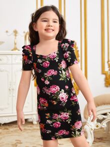 SHEIN 小女童印花泡泡袖洋裝