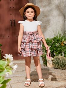 SHEIN Toddler Girls Plaid Print Ruffle Trim Belted Dress - Multicolor - View 4