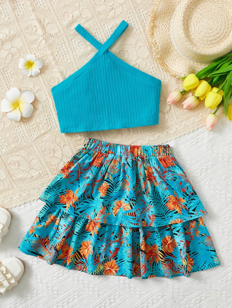 SHEIN Bộ hai mảnh Gái phân lớp Gân đan Nhiệt đới Boho - Màu xanh ngọc - Xem 1