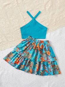 SHEIN Bộ hai mảnh Gái phân lớp Gân đan Nhiệt đới Boho - Màu xanh ngọc - Xem 2