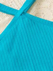 SHEIN Bộ hai mảnh Gái phân lớp Gân đan Nhiệt đới Boho - Màu xanh ngọc - Xem 3