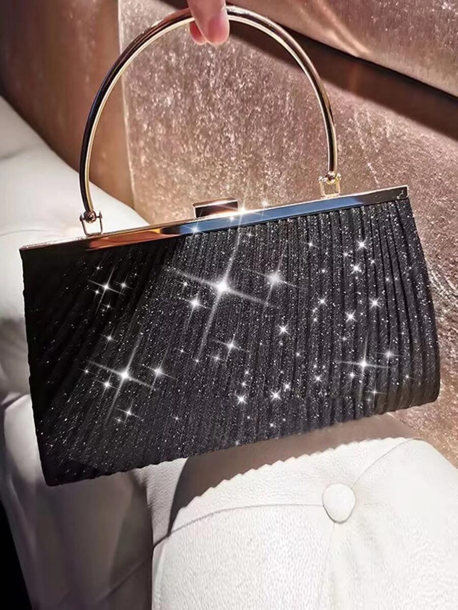 金屬亮絲抽褶細節盒型包 - 黑色 - 查看 1