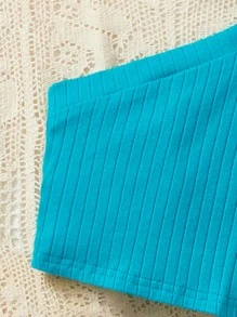 SHEIN Bộ hai mảnh Gái phân lớp Gân đan Nhiệt đới Boho - Màu xanh ngọc - Xem 5