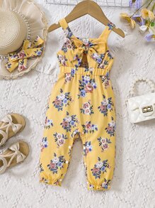 Rosett Skära Ut Blommig Mönster Bebis Jumpsuits - Gul - Visa 7