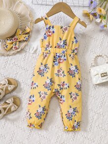 Rosett Skära Ut Blommig Mönster Bebis Jumpsuits - Gul - Visa 2