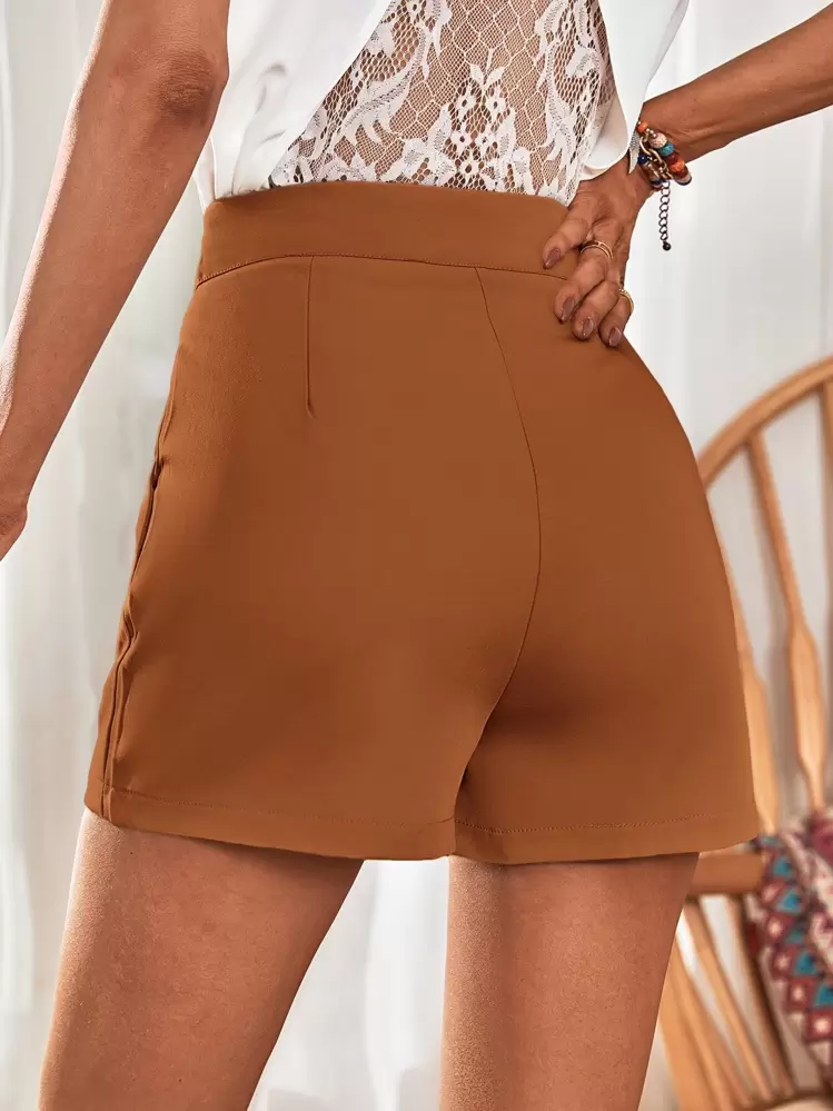 SHEIN Frenchy שרשרת מקומט כיס פשוט קז'ואל מכנס קצר - חום קפה - ראה 2
