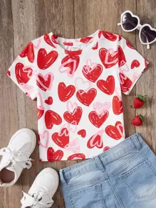 SHEIN 年轻女孩趣味个性心形图案印花圆领短袖针织舒适休闲T恤可爱上衣女孩红色T恤女孩可爱上衣 - 彩色 - 查看 3