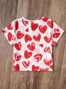 SHEIN 年轻女孩趣味个性心形图案印花圆领短袖针织舒适休闲T恤可爱上衣女孩红色T恤女孩可爱上衣 - 彩色 - 查看 2