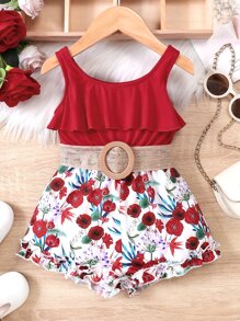 Baby Floral Print Ruffle Trim Romper - Red and White - View 1