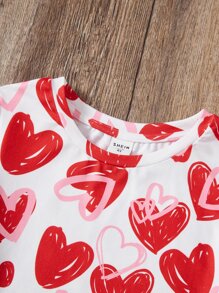 SHEIN 年轻女孩趣味个性心形图案印花圆领短袖针织舒适休闲T恤可爱上衣女孩红色T恤女孩可爱上衣 - 彩色 - 查看 4