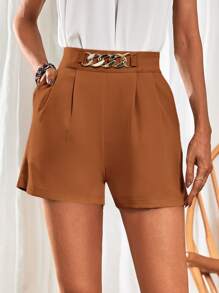 SHEIN Frenchy 鏈條細節斜插口袋褶皺短褲 - 咖啡棕 - 查看 5