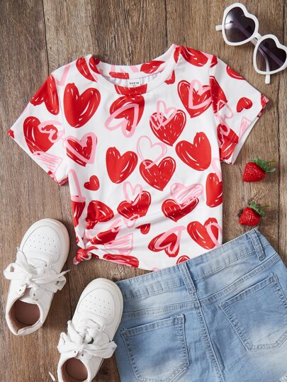 SHEIN Young Girl Interesting & Personalized Heart Pattern Printed Round Neck Short Sleeve Knitted Comfortable Casual T-Shirt Cute Topsred T Shirt For Girl Cute Tops For Girls