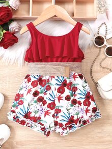 Baby Floral Print Ruffle Trim Romper - Red and White - View 2