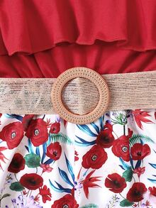 Baby Floral Print Ruffle Trim Romper - Red and White - View 3