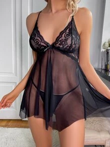 Contrast Lace Mesh Slips With Panty - Black - View 5