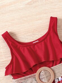 Baby Floral Print Ruffle Trim Romper - Red and White - View 5