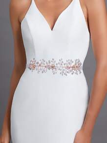 水鑽和人造珍珠裝飾婚禮腰帶 - 金色 - 查看 1