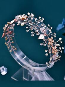 水鑽和人造珍珠裝飾婚禮腰帶 - 金色 - 查看 2