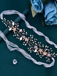 水鑽和人造珍珠裝飾婚禮腰帶 - 金色 - 查看 3