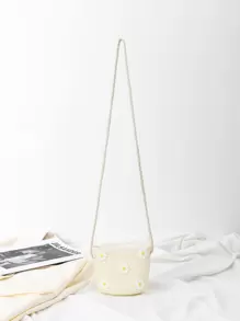 可愛兒童海灘編織可折疊小菊花肩背包,完美送禮之選 - 白色 - 查看 1